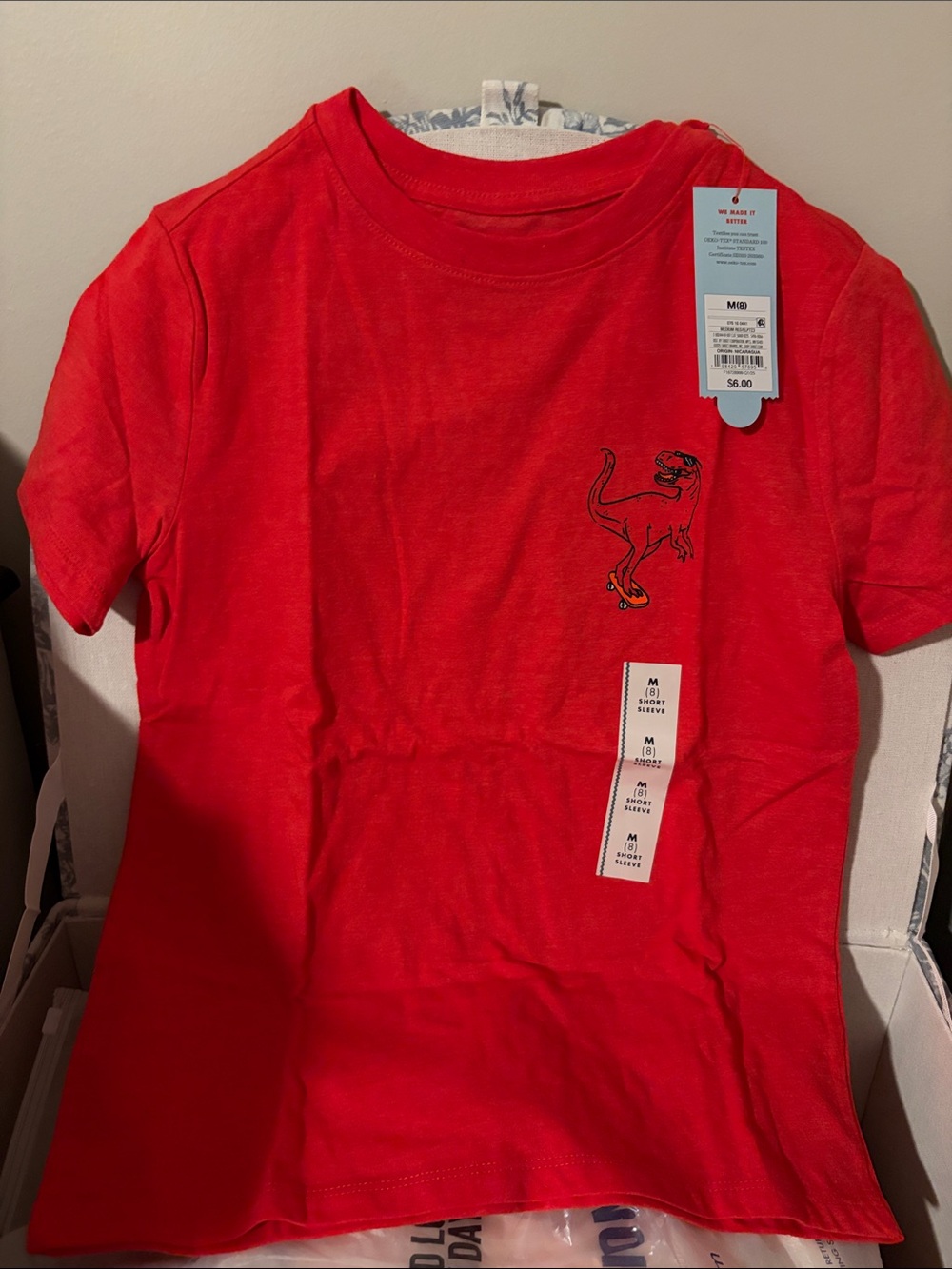 Cat & Jack Red Short Sleeve Tee with Skateboarding Dino